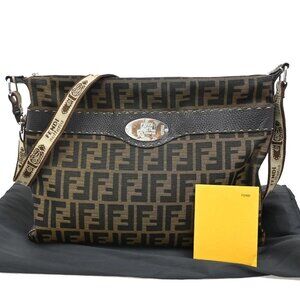 FENDI Selleria Zucca Pattern Shoulder Bag Canvas Leather Brown Silver 84KB730